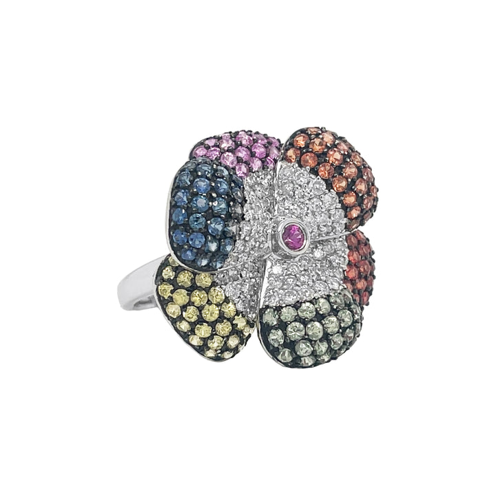 18kt White Gold Multi Color Sapphire Flower Ring