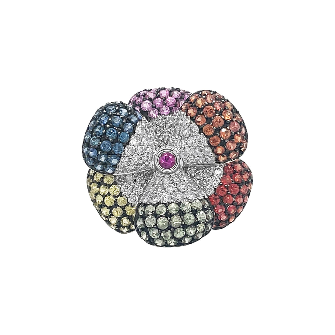 18kt White Gold Multi Color Sapphire Flower Ring