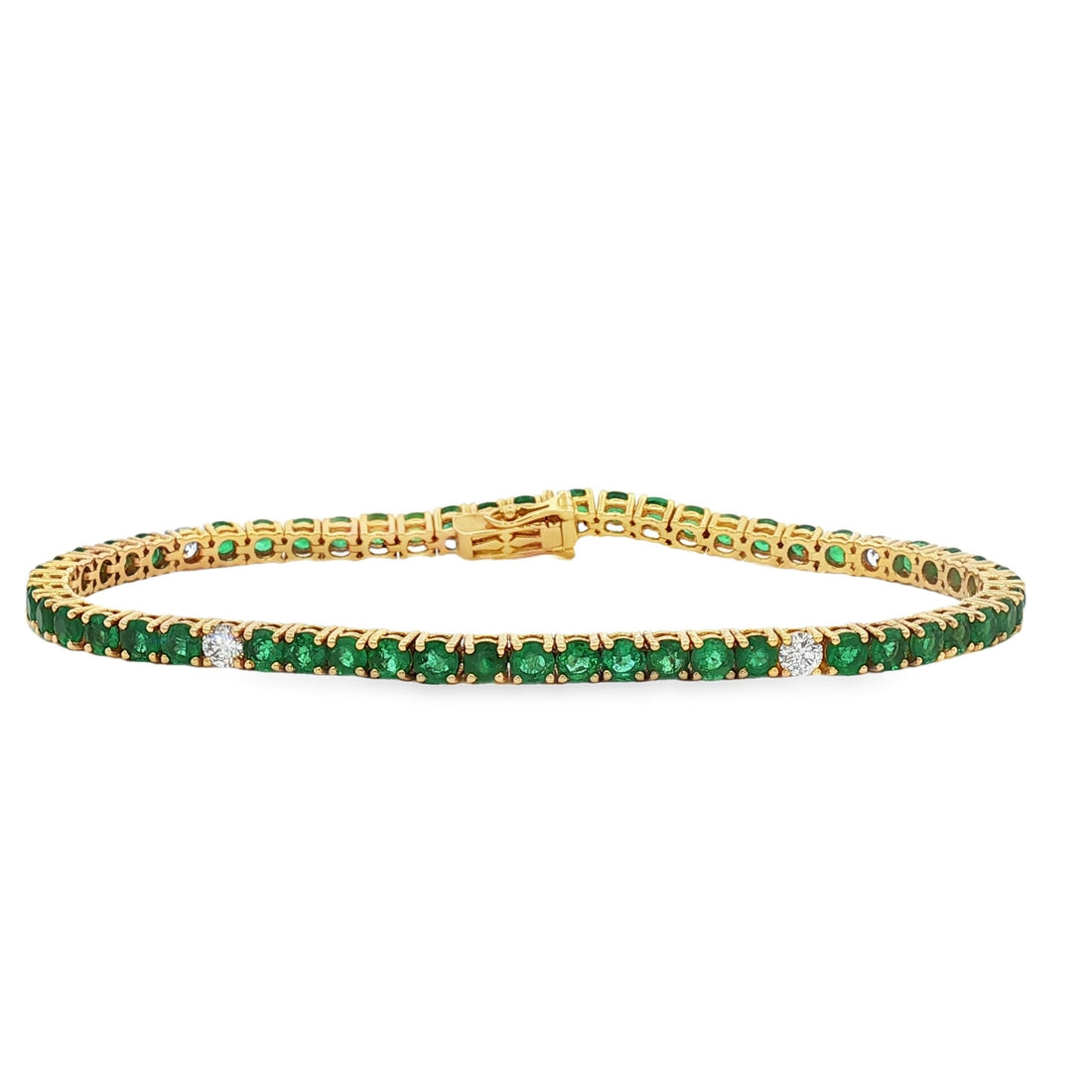 18kt Yellow Gold Diamond Green Emerald Tennis Bracelet