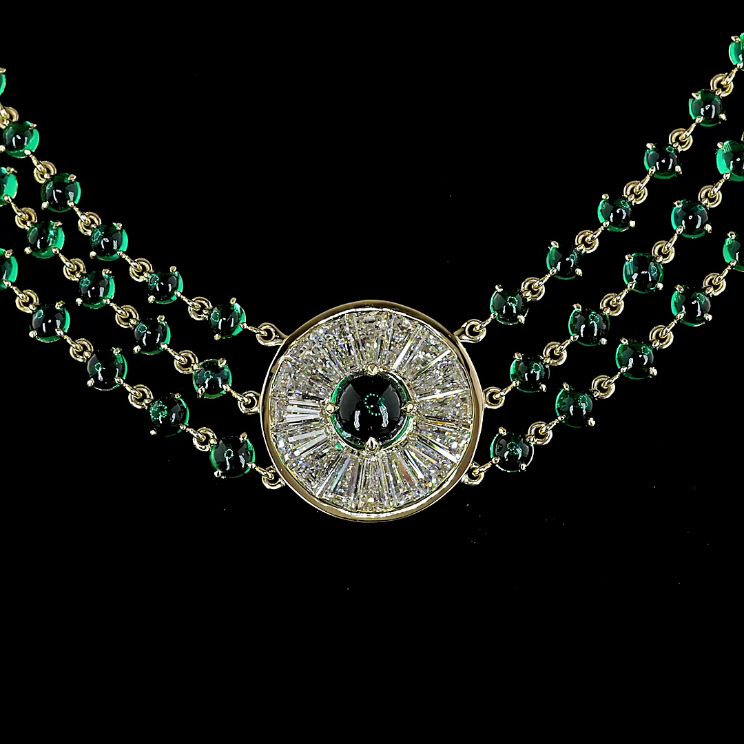14kt Yellow Gold Lab Diamond And Green Emerald Necklace