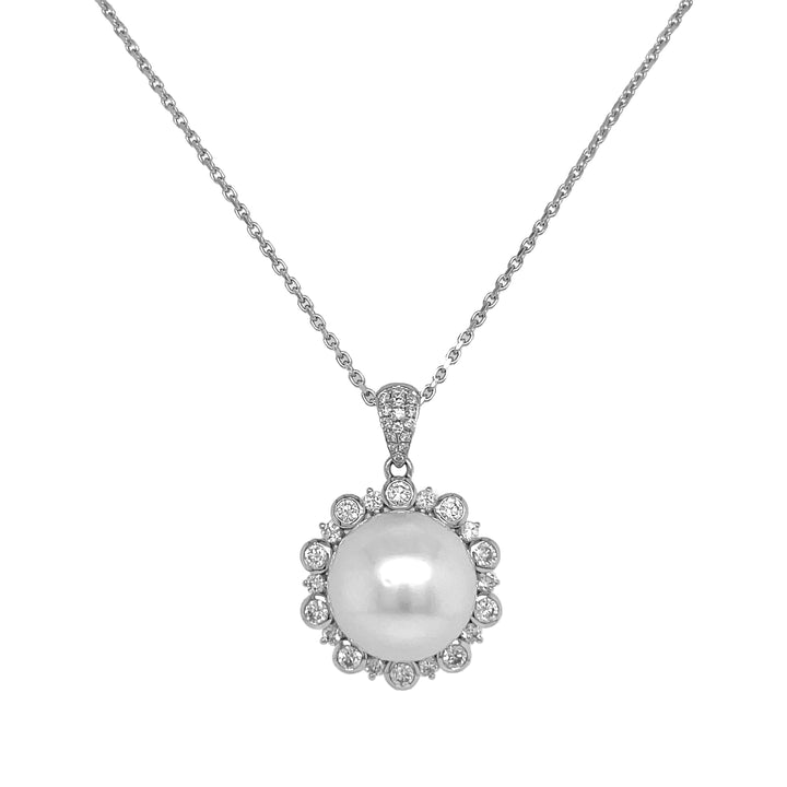 18kt White Gold Diamond and Pearl Pendant.