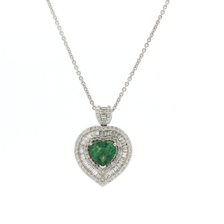 18kt White Gold Diamond And Green Emerald Heart Pendant