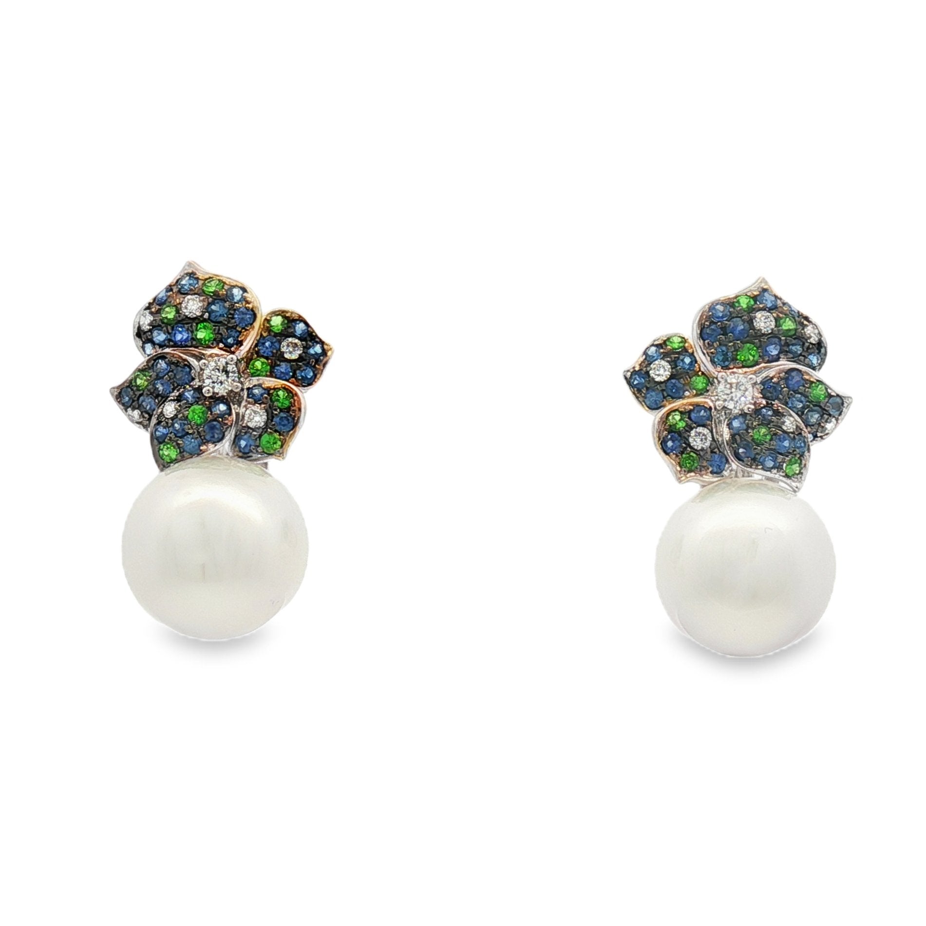 18kt White Gold Diamond, Blue Sapphire, Green Garnate And Pearl Earrings