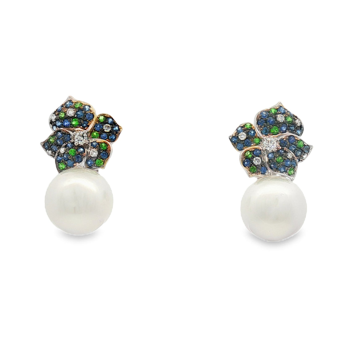 18kt White Gold Diamond, Blue Sapphire, Green Garnate And Pearl Earrings