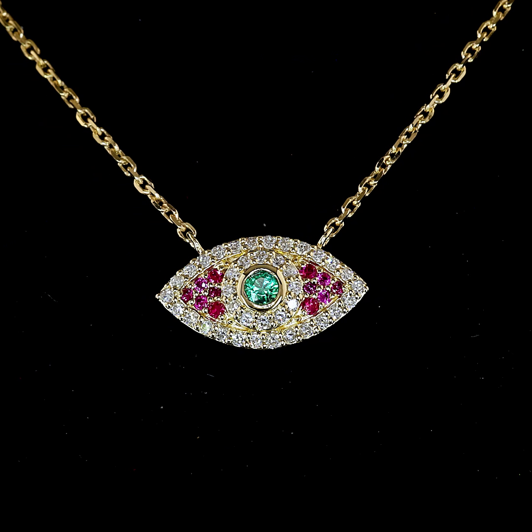 14kt Yellow Gold Lab Diamond, Ruby And Green Emerald  Pendant