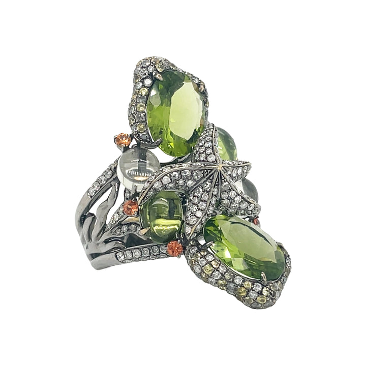 18kt Black Gold Diamond Peridot  Ring