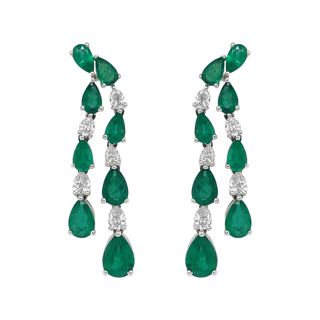 18kt White Gold Diamond and Green Emerald Dangling Earrings