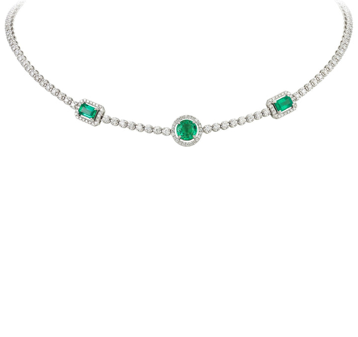 18kt White Gold Diamond and Emerald Necklace