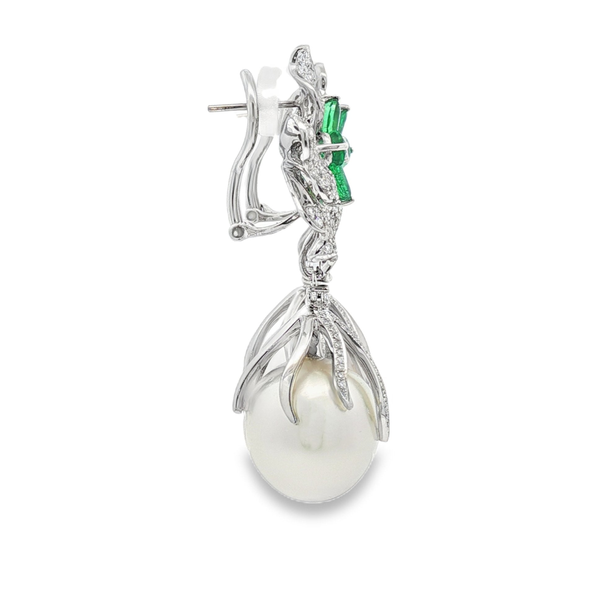 18kt White Gold Diamond, Green Emerald And Pearl Earrings