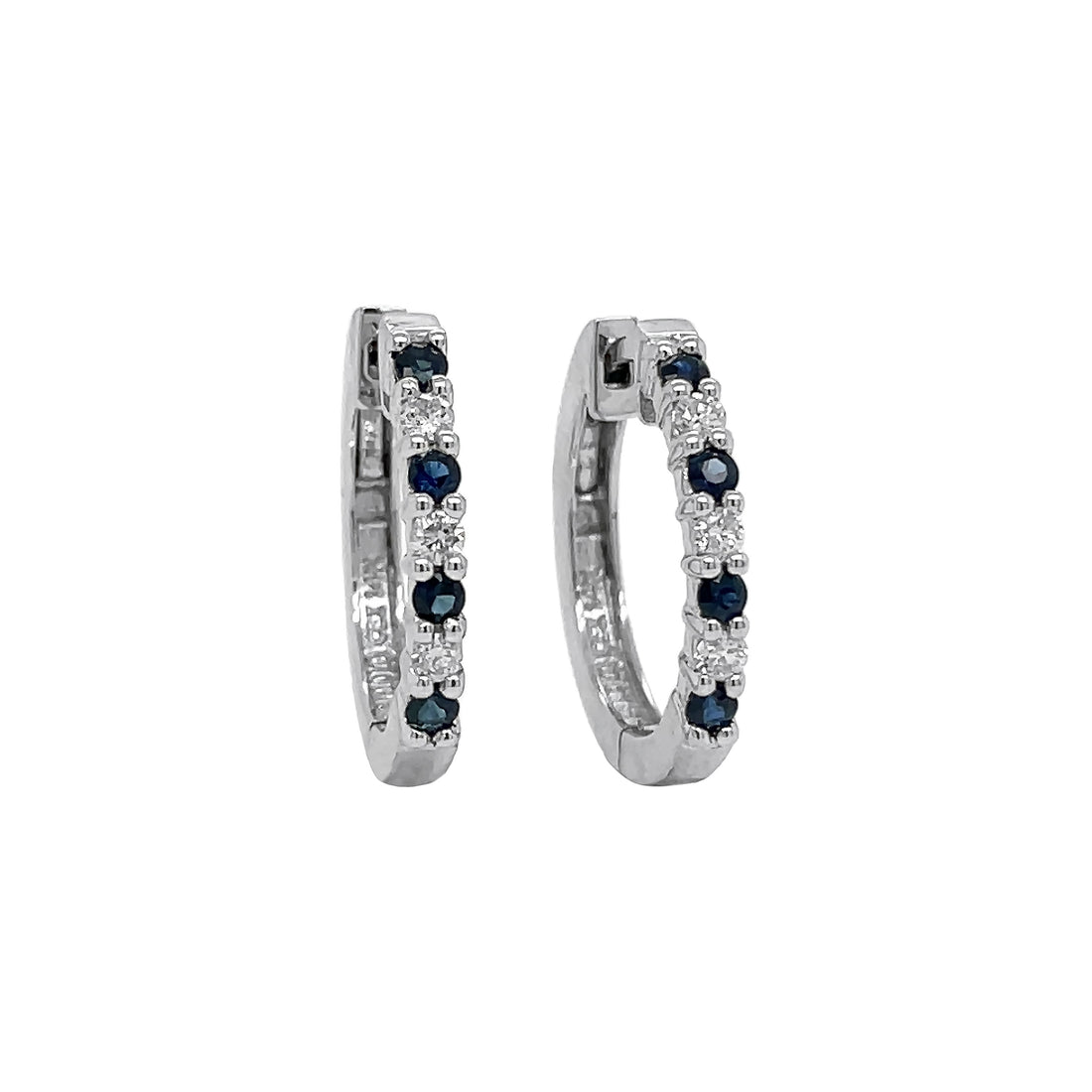 14kt White Gold Diamond and Blue Sapphire Hoops
