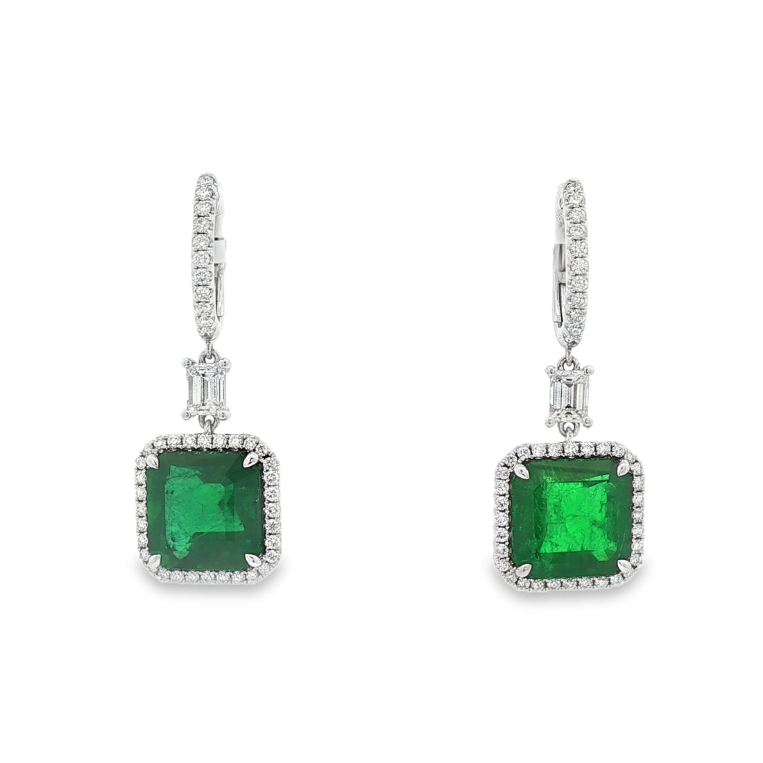 18kt White Gold Diamond and GIA Certified Green Emerald Dangling Earrings