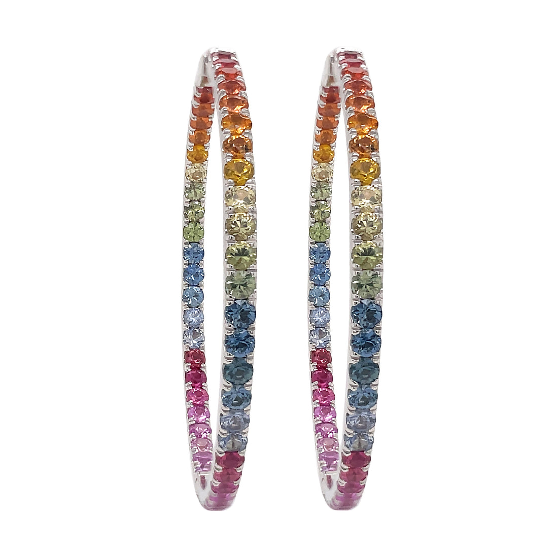 18kt White Gold Multi color Sapphire Hoops.