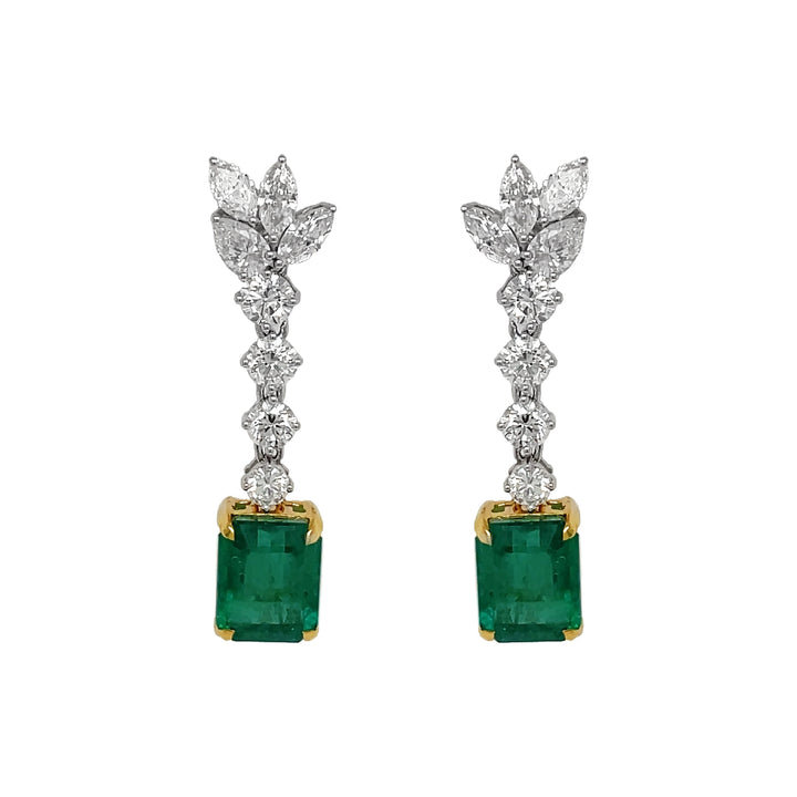 18kt White and Yellow Gold Diamond and Green Emerald Dangling Earrings