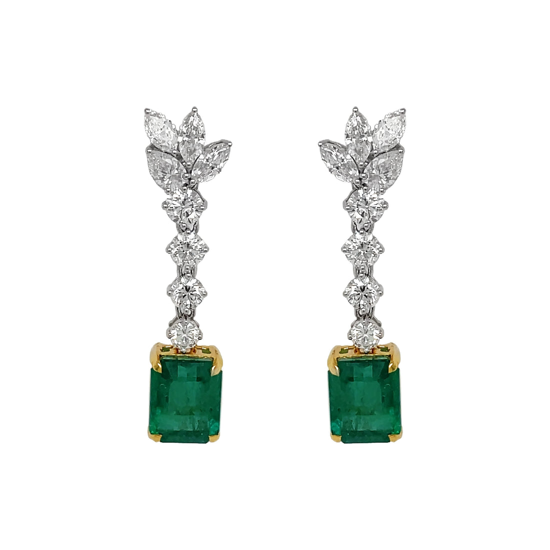 18kt White and Yellow Gold Diamond and Green Emerald Dangling Earrings
