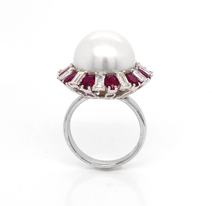 18kt White Gold Diamond, Ruby and Pearl Ring