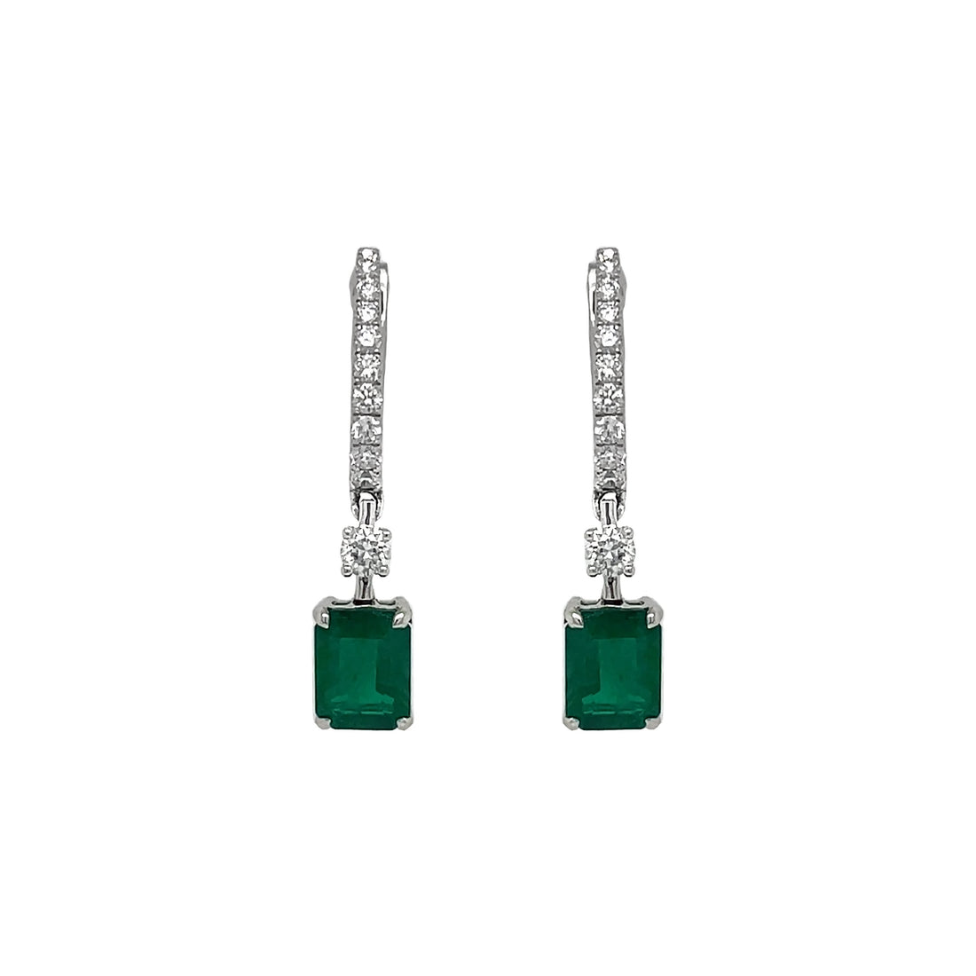 18kt White Gold Diamond and Green Emerald Dangling Earrings