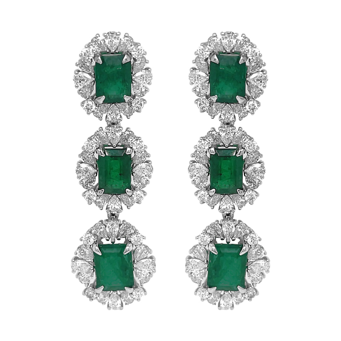 18Kt White Gold Diamond and Green Emerald Dangling Earrings