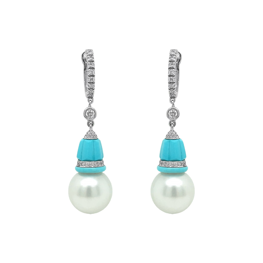 18kt White Gold Turquoise, Pearl and Diamond Earrings