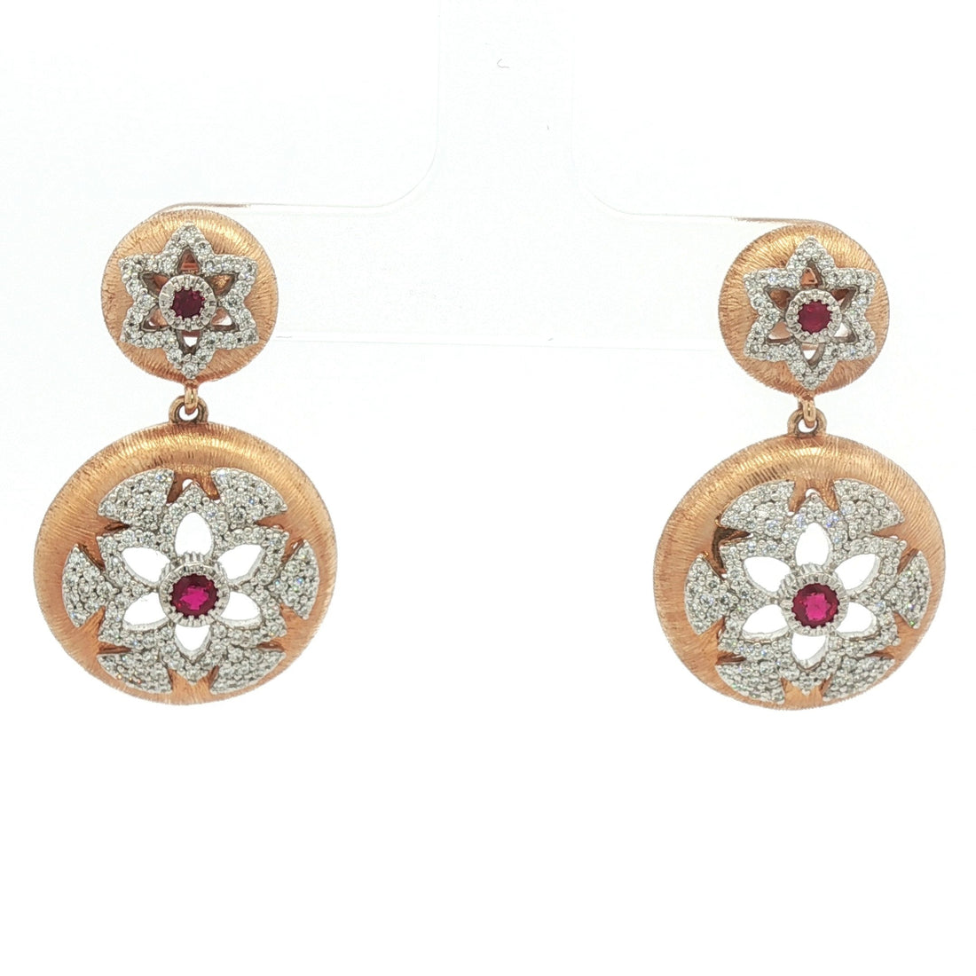 18kt Rose And White Gold Diamond And Ruby Dangling Earrings