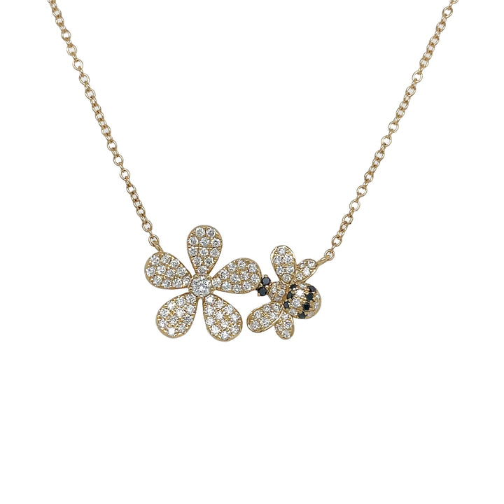 18kt Yellow Gold Dimoand and Black Diamond Flower and Ladybug Pendant