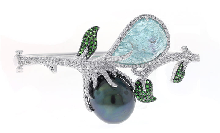 18kt White Gold Aqua Marine And Pearl Bangle