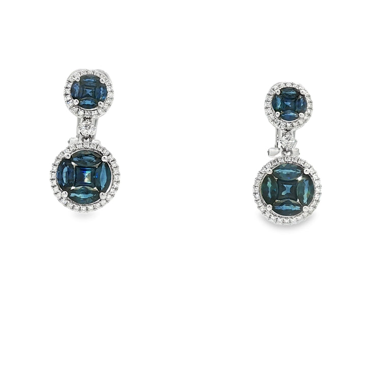 18kt White Gold Diamond And Blue Sapphire Dangling Earrings