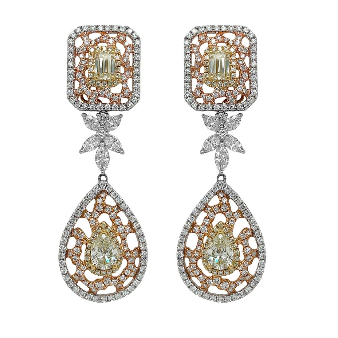 18kt Tri Color Yellow Diamond Dangling Earrings