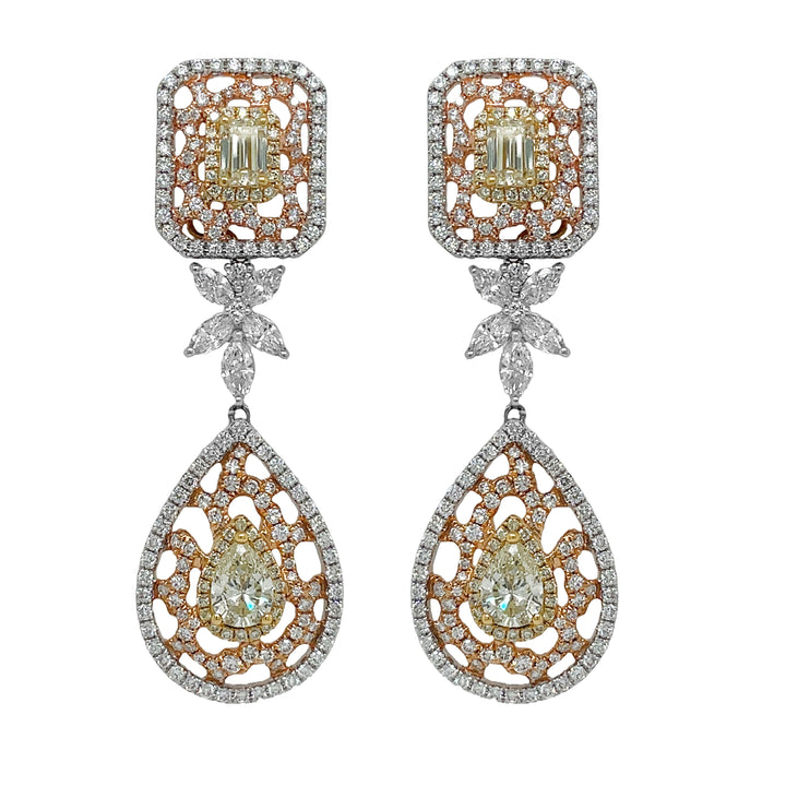 18kt Tri Color Yellow Diamond Dangling Earrings