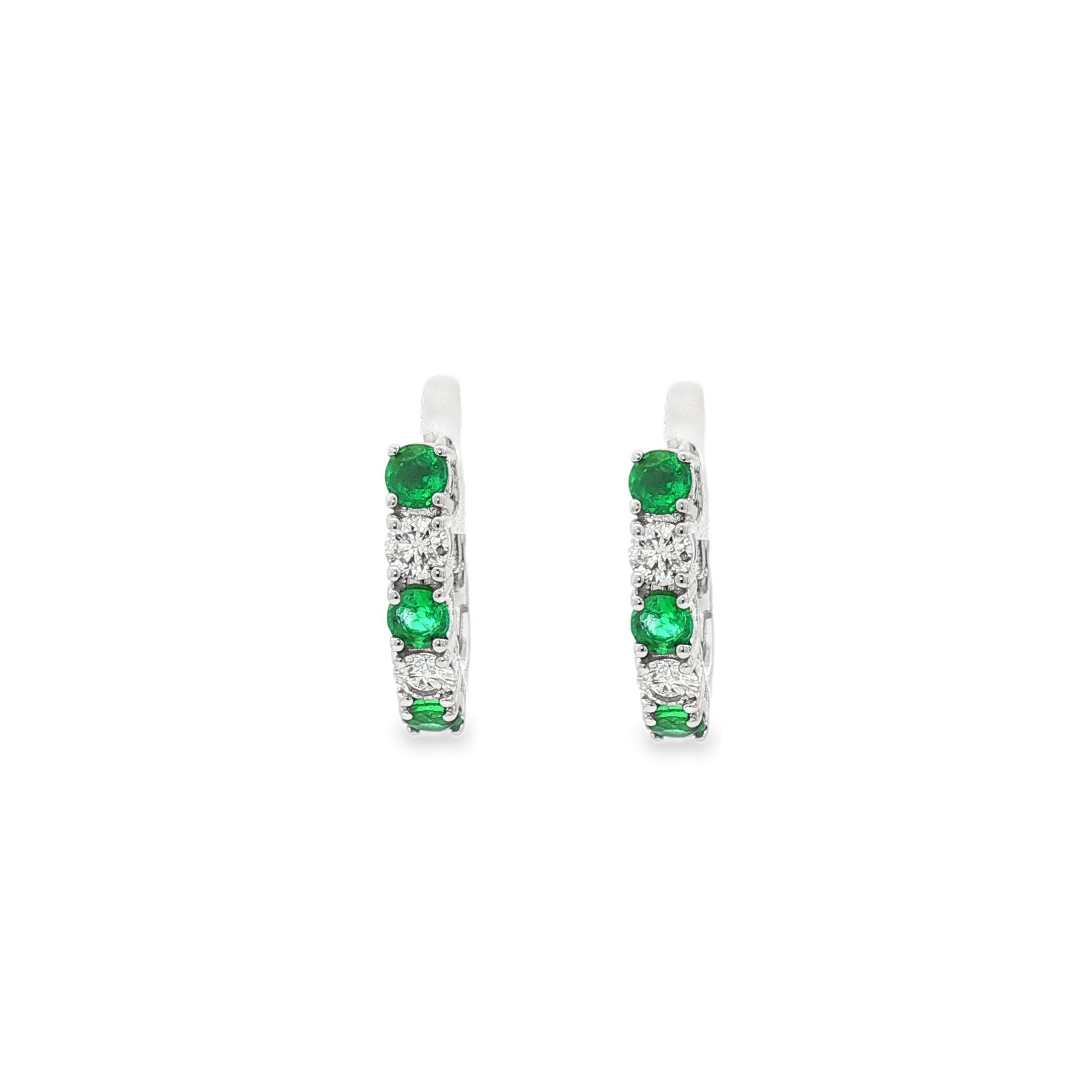 18kt White Gold Diamond And Green Emerald Huggie Earrings