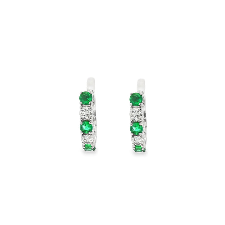18kt White Gold Diamond And Green Emerald Huggie Earrings