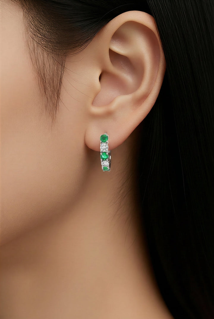 18kt White Gold Diamond And Green Emerald Huggie Earrings