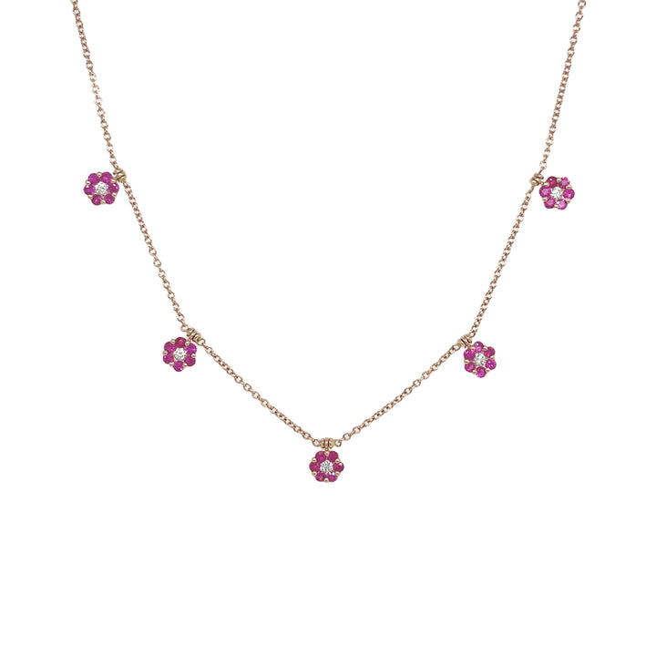 18kt Rose Gold Diamond and Pink Sapphire Flower Necklace