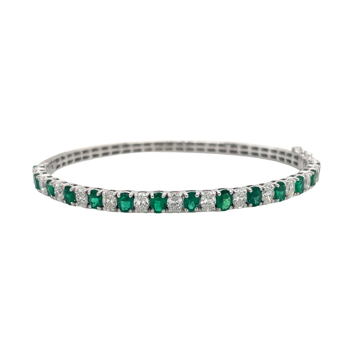 18Kt White Gold Diamond and Green Emerald Bangle