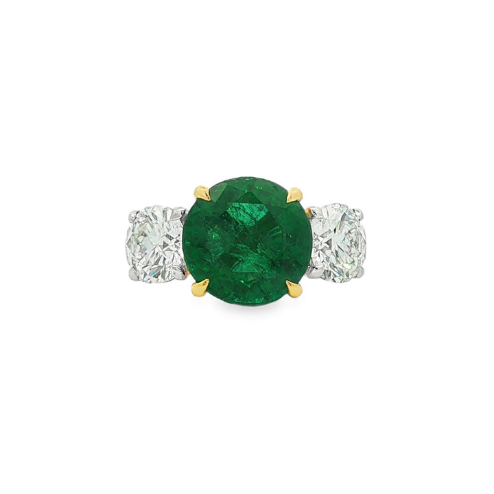 18kt White And Yellow Gold GIA Certified Diamond And GIA Certified Green Emerald Ring