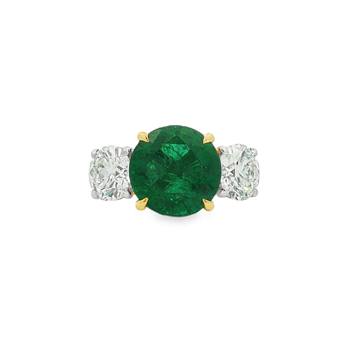 18kt White And Yellow Gold GIA Certified Diamond And GIA Certified Green Emerald Ring