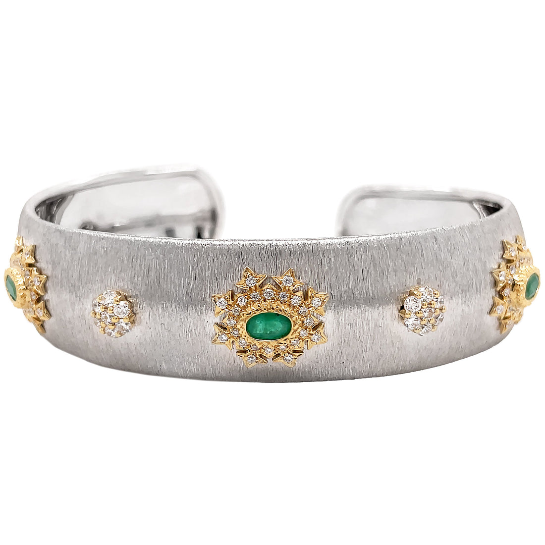 18kt White And Yellow Gold Diamond and Green Emerald Bangle.