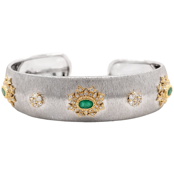 18kt White And Yellow Gold Diamond and Green Emerald Bangle.