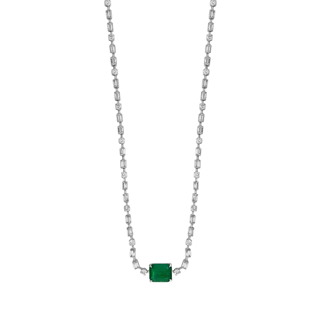 18kt White Gold Diamond and Green Emerald Tennis Necklace