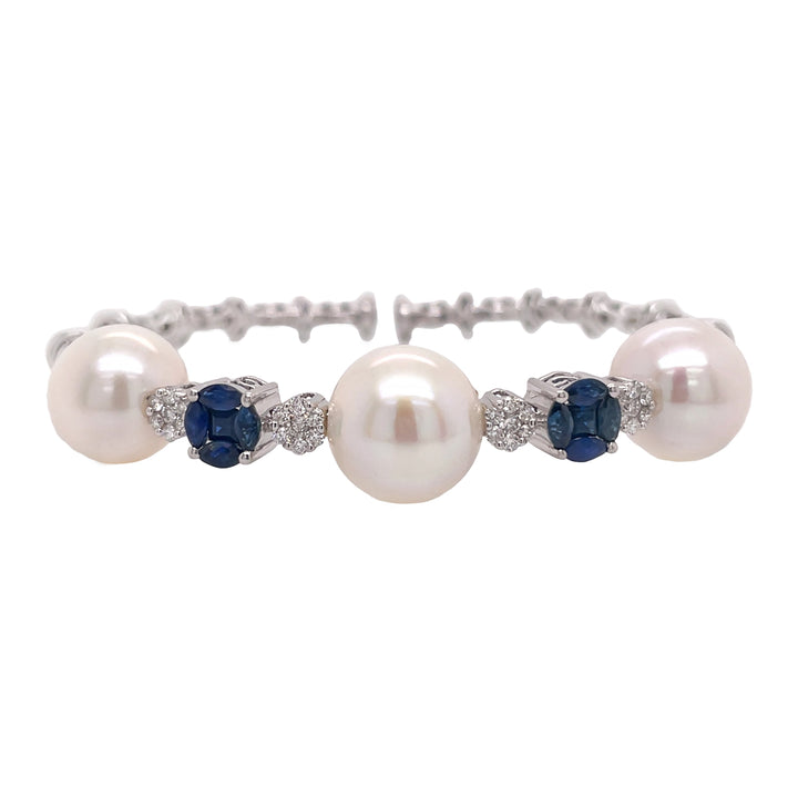 18Kt White Gold Diamond Sapphire and South Sea Pearl Bangle