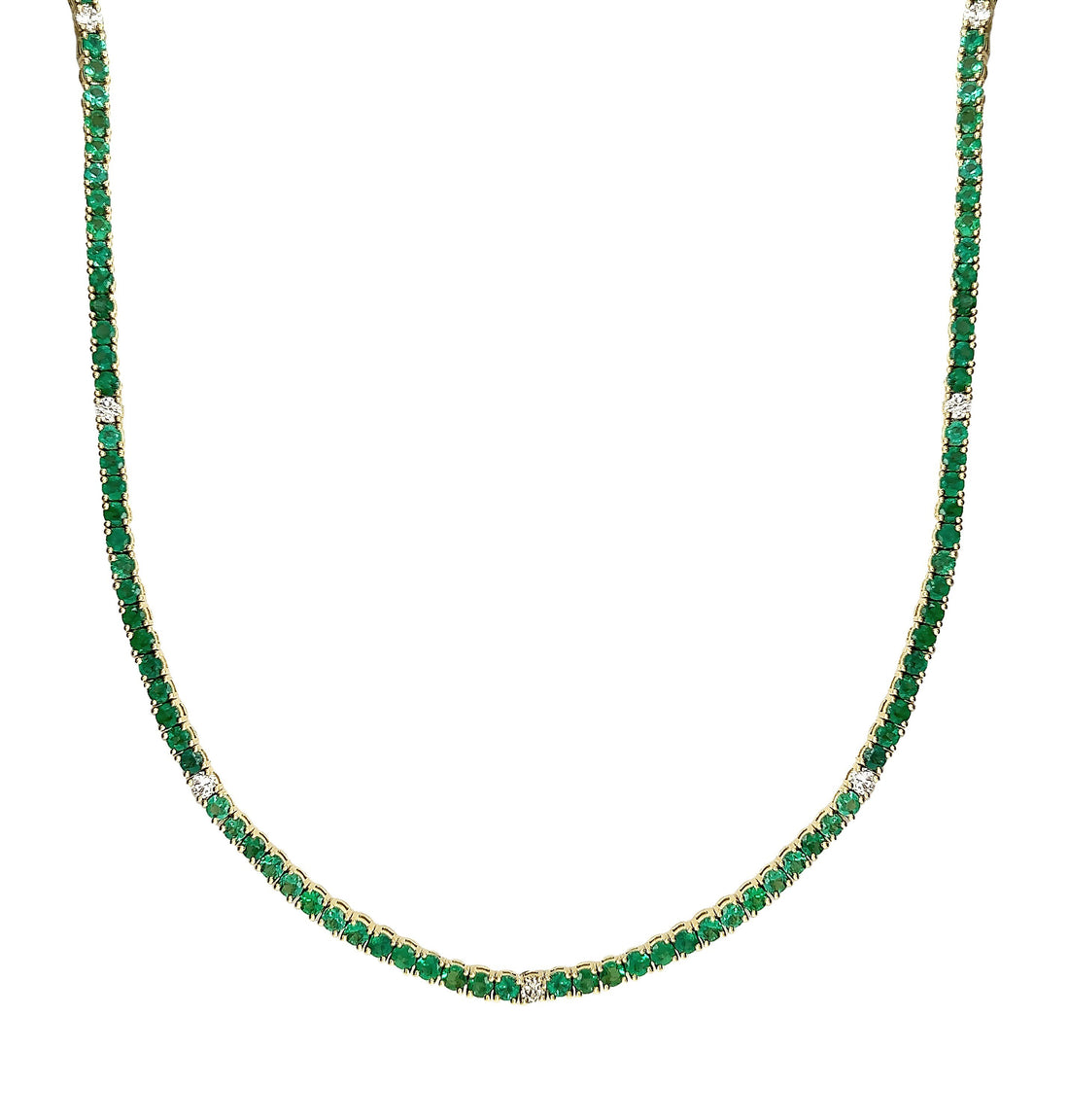 18kt Yellow Gold Diamond and Green Emerald Tennis Necklace