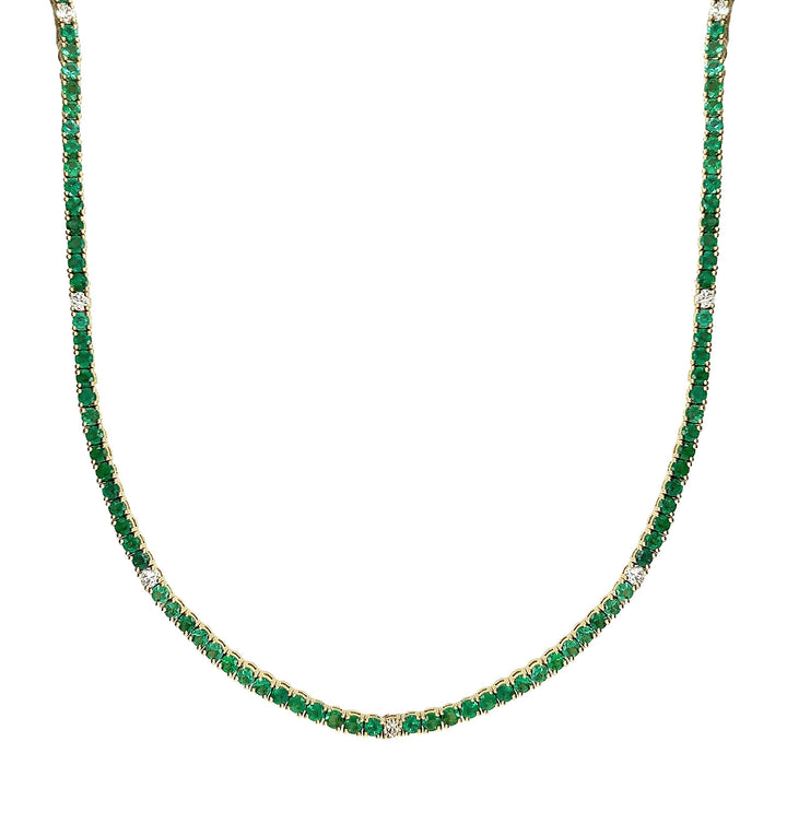 18kt Yellow Gold Diamond and Green Emerald Tennis Necklace