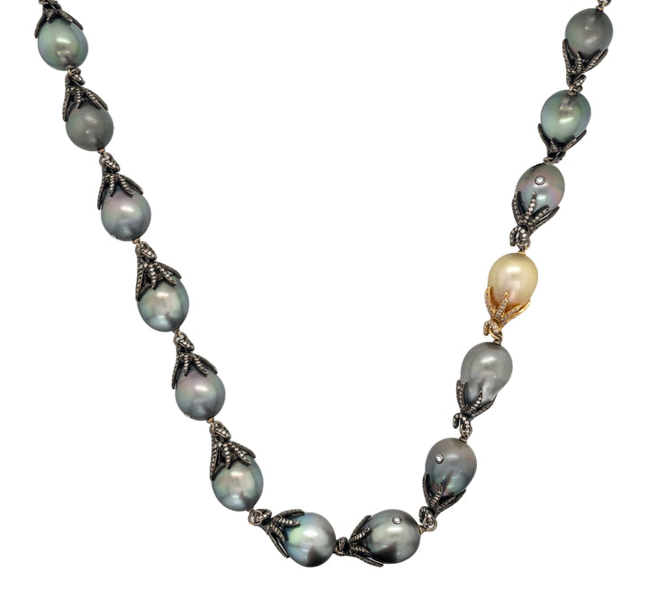 18kt Black and Yellow Gold Diamond and Pearl Necklace
