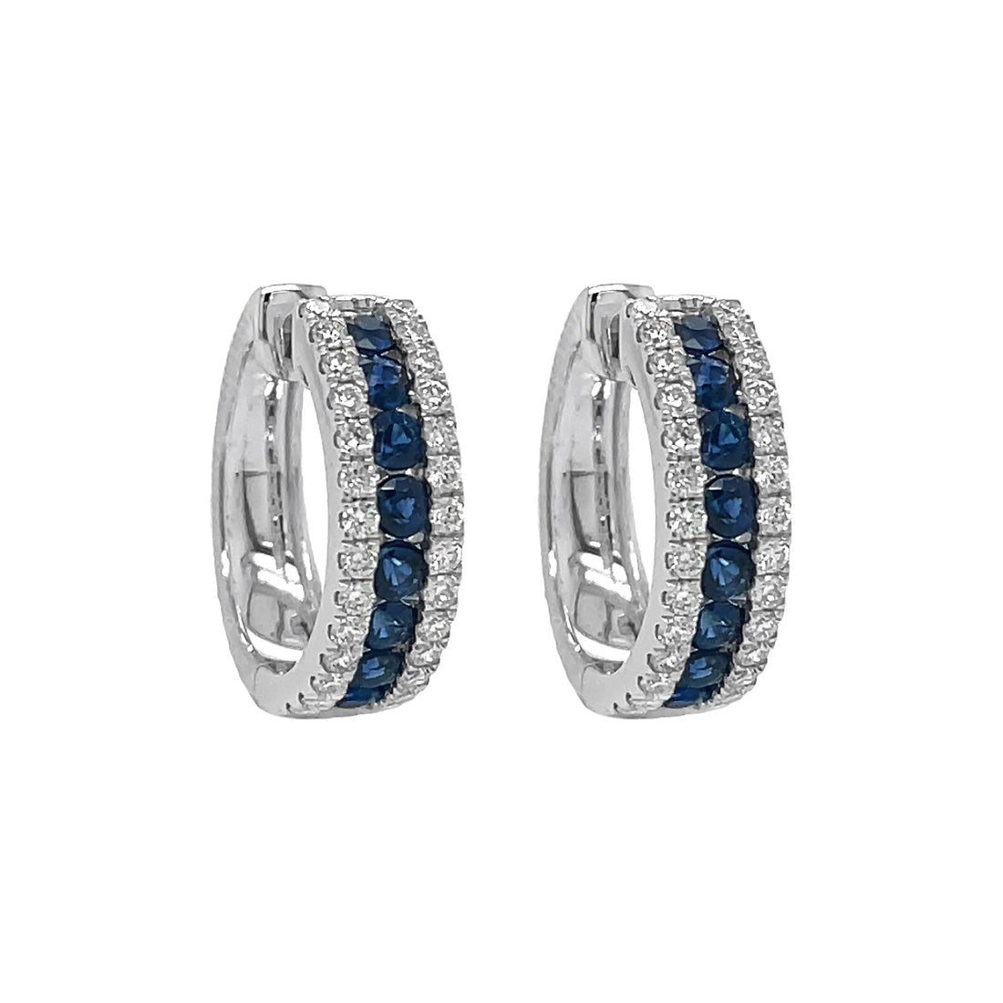 18kt White Gold Diamond and Blue Sapphire Huggie Earrings