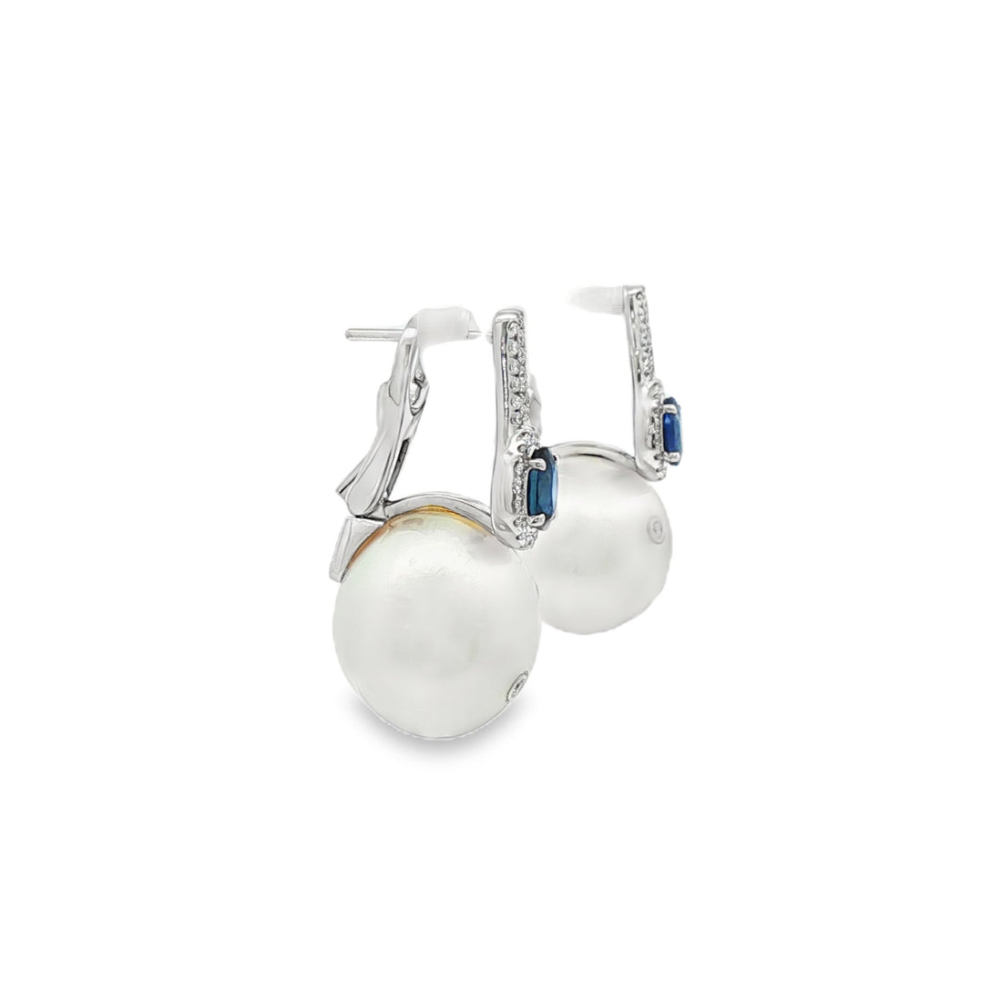 14kt White Gold Diamond, Blue Sapphire And Pearl Earrings