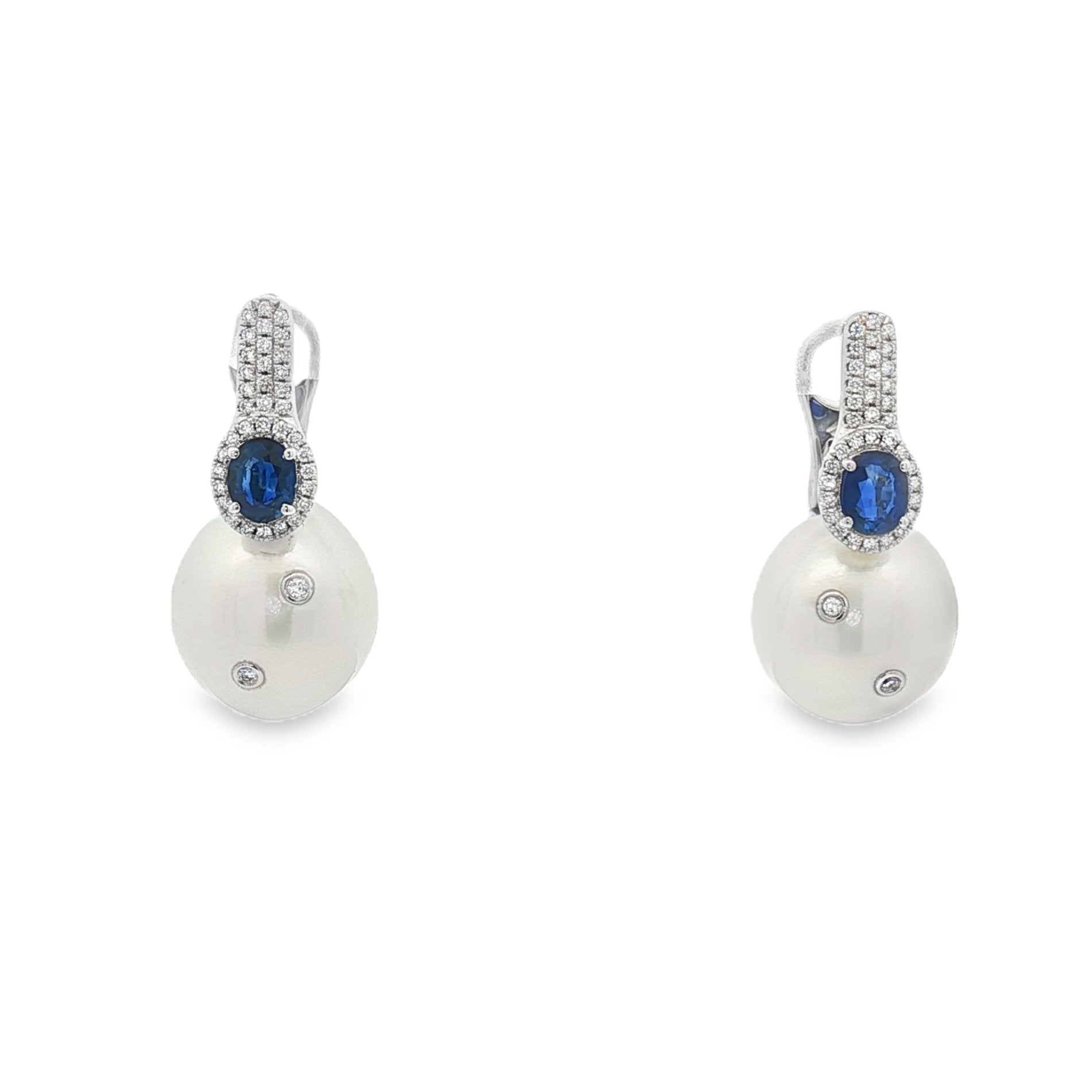 14kt White Gold Diamond, Blue Sapphire And Pearl Earrings
