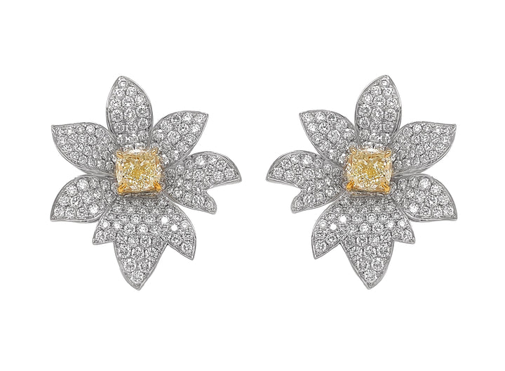 18kt White Gold Diamond And Yellow Diamond Flower Earrings