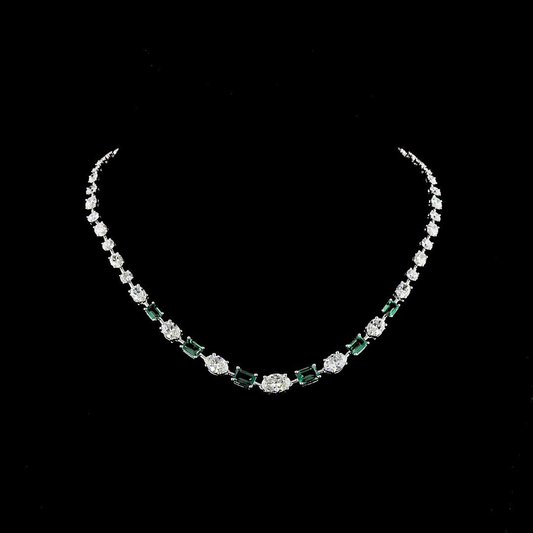 14kt White Gold Lab Diamond And Green Emerald Tennis Necklace