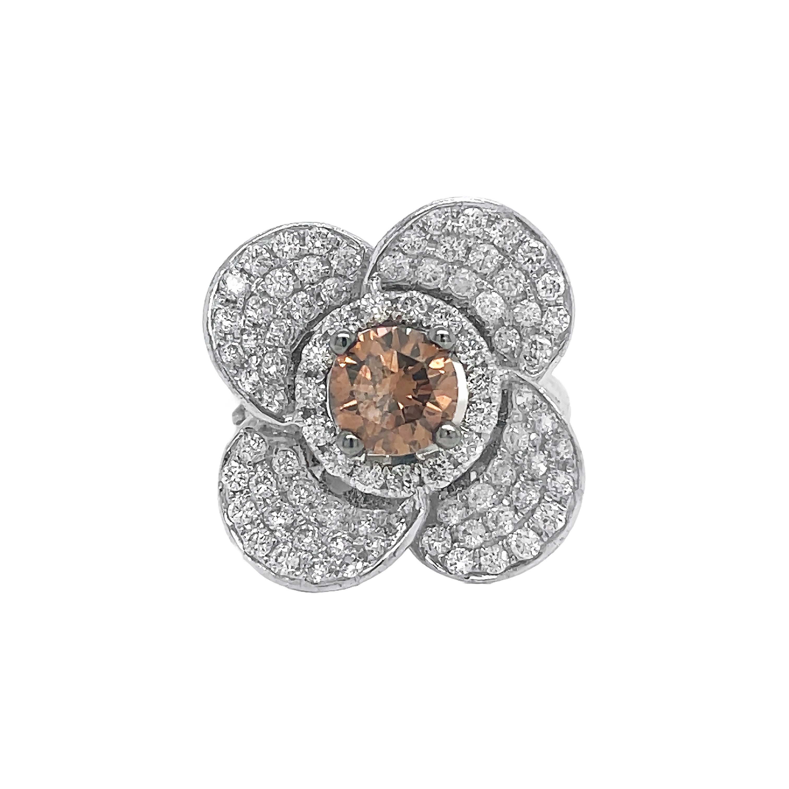 18kt White Gold Champagne Diamond Flower Ring