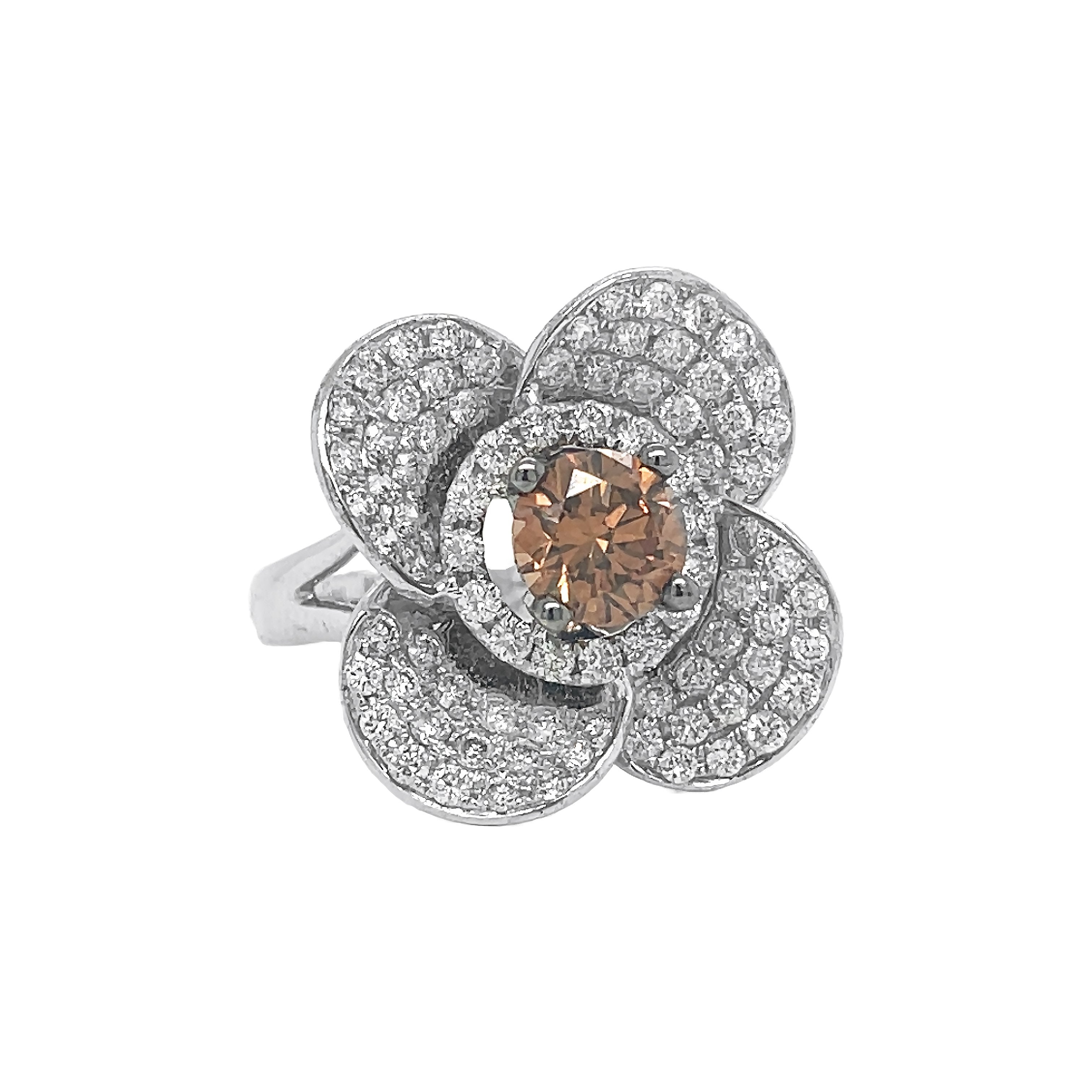 18kt White Gold Champagne Diamond Flower Ring
