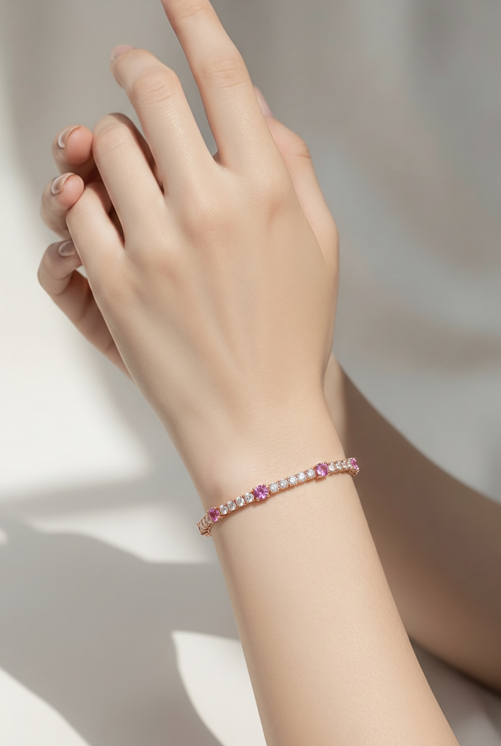 18kt Rose Gold Diamond And Pink Sapphire Tennis Bracelet
